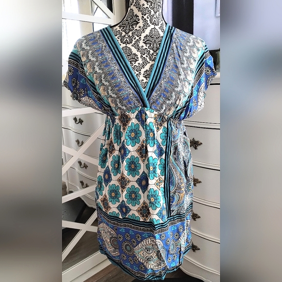 Blue Floral Multi Print VNeck Dress - Picture 3 of 13